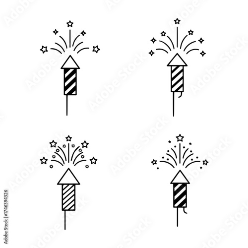 Vector four fireworks rockets with striped bodies and starbursts in a simple design
