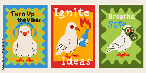 Bold Cartoon Pigeon Posters with Headphones, Fire, and Gas Mask