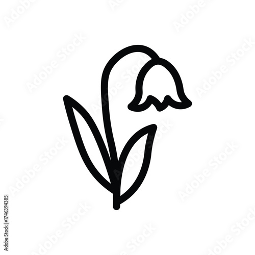 Bell flower line icon, outline of a drooping flower with curved stem and leaves, simple floral vector