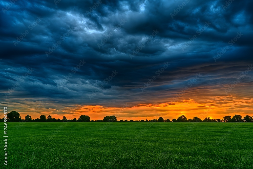 Fototapeta premium Dramatic sunset sky over green field with silhouetted trees