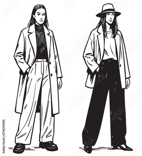Autumn fashion sketch illustration. Female silhouettes wearing modern urban outfits coat, very wide pants , with dynamic poses