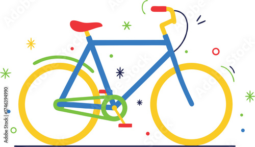 A minimal vector illustration of a bicycle with bold yellow wheels, blue frame, red saddle, and green details, designed in a playful modern style—perfect for sports, eco, and lifestyle projects