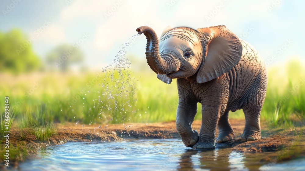 Fototapeta premium Baby elephant is playing in a river, splashing water with its trunk. The scene is peaceful and serene, with the baby elephant enjoying its time in the water