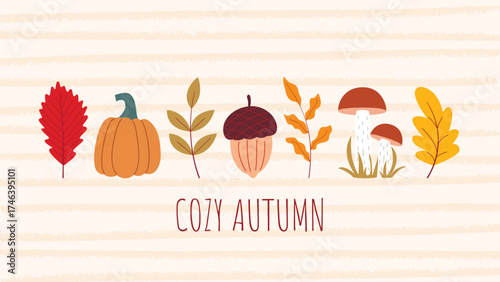 Cozy autumn banner. Horizontal template with fall leaves, pumpkins and an acorn on pastel beige background with textured stripes. Autumn design layout for flyer, brochure, booklet, postcard. Vector