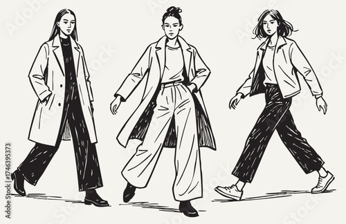 Abstract primitive fashion sketch illustration. Female silhouettes wearing autumn coat, very wide pants , with dynamic poses
