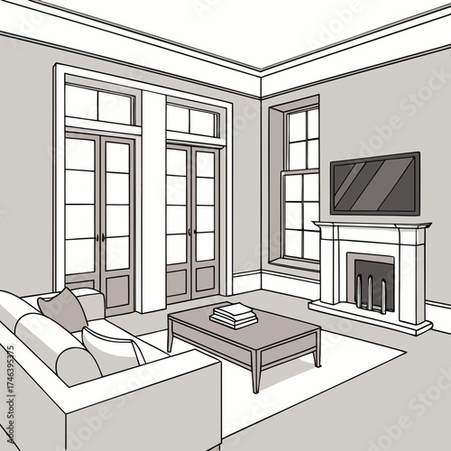 Interior design of a living room with fireplace and a comfortable sofa