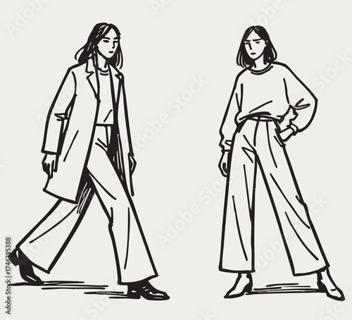 Abstract primitive fashion sketch illustration. Female silhouettes wearing autumn coat, very wide pants , with dynamic poses