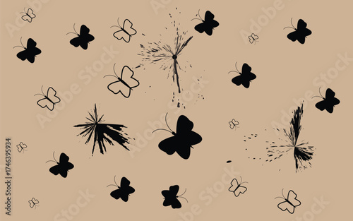 Black butterfly silhouettes with ink splatter artistic effect on beige background illustration, Abstract butterflies with black ink splashes and grunge design elements on brown backdrop