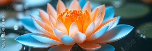 Elegant pastel lotus flower blooming with vibrant colors on a serene dark water surface background.