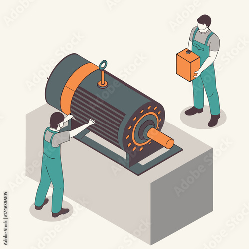 Industrial maintenance concept in isometric view showing technician inspecting and lubricating motor bearings with tools and parts on mechanical workstation.