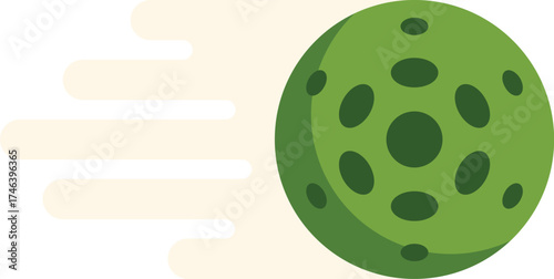 Cartoon style illustration of a green alien planet moving fast and leaving a dust cloud