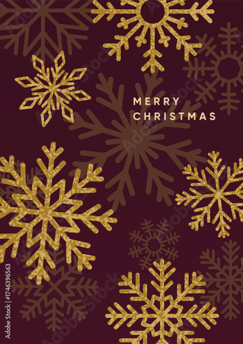 Merry Christmas greeting card. Festive holiday design with snowflakes pattern, ornament, snowy winter poster. Seasonal postcard with newyear snow flakes, typography. Flat vector illustration