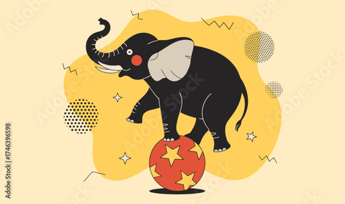 circus elephant balancing on a star ball vector illustration, entertainment and animal performance