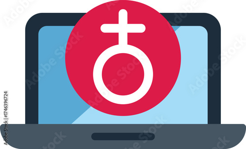 Laptop displaying a large female gender symbol representing women online, ideal for technology and social media projects