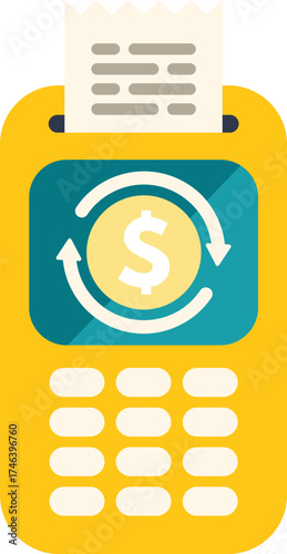 Illustration of a yellow pos terminal printing a receipt, with a dollar sign inside arrows on the screen