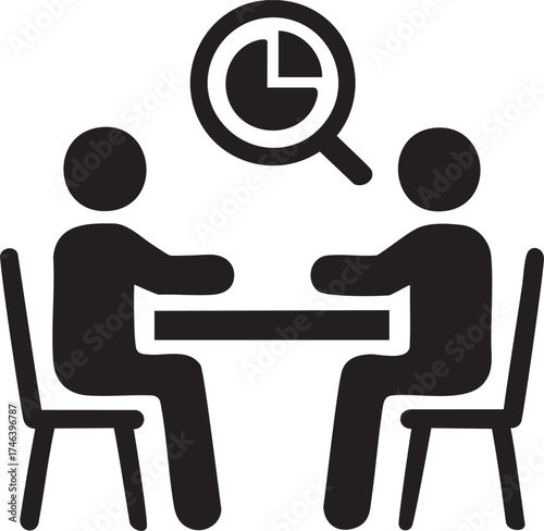 business meeting glyph icon with magnifying glass analyzing pie chart vector