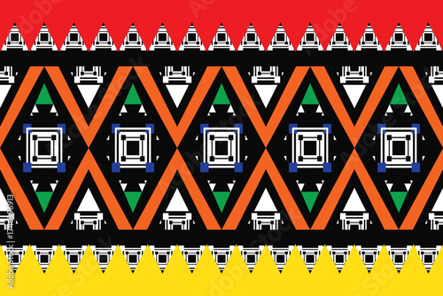 Bright tribal geometric fabric pattern featuring bold red, yellow, orange, green, blue, and black tones. A lively symmetrical design with triangles and diamond shapes, perfect for textiles, clothing, 