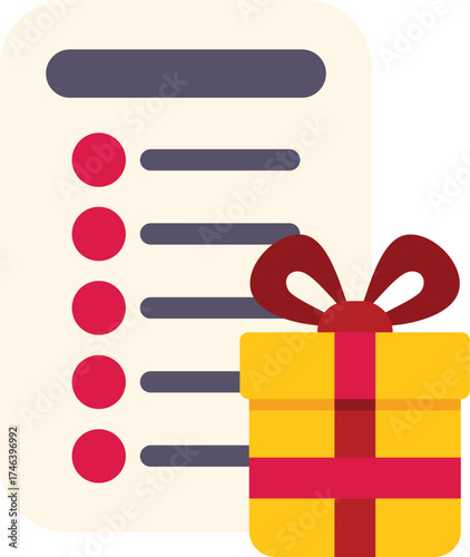 Gift checklist is being updated with a red wrapped present nearby in a concept about shopping for presents