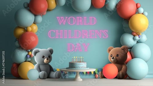 Celebrating World Children's Day with Birthday Cake and Colorful Balloons