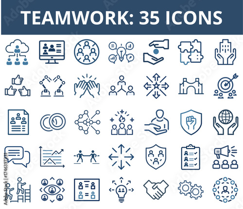 Collection of teamwork icons representing collaboration and synergy  