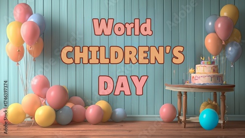 Celebrating World Children's Day with Birthday Cake and Colorful Balloons