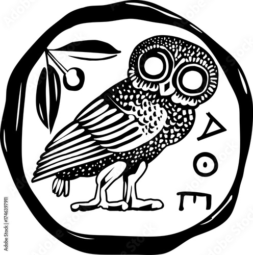 Ancient Greek coin with owl and branch of olive tree. Vintage symbol of owl in Athens coin. Black and white.  Antique symbol, silver coin tetradrachm. Vector illustration