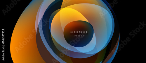 Abstract layers create dynamic circular composition. Warm colors blend with cool tones, forming modern background design.