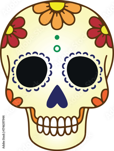 Dia de los muertos traditional skull decorated with flowers the day of the dead illustration