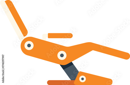 Adjustable orange medical chair reclining with leg rest extended in side view
