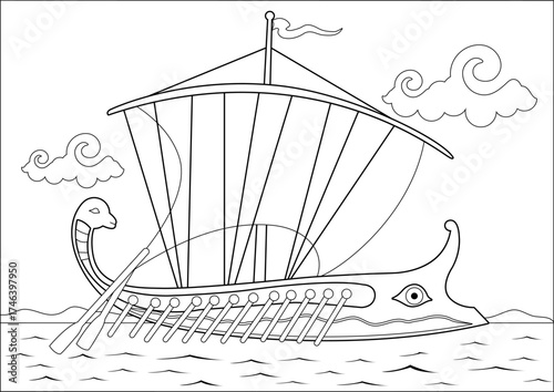 Ancient Greek trireme in the sea. Greek trireme ship sailing on the sea. Vector black and white coloring page.