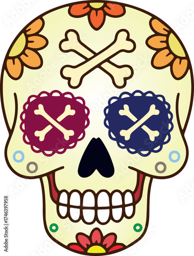 Dia de los muertos traditional skull decorated with flowers the day of the dead illustration
