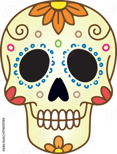 Dia de los muertos traditional skull decorated with flowers the day of the dead illustration