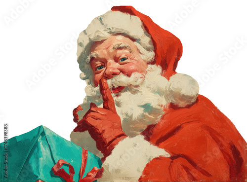 Schilderij op canvas Vintage santa claus holding a gift and gesturing for silence, isolated on transp