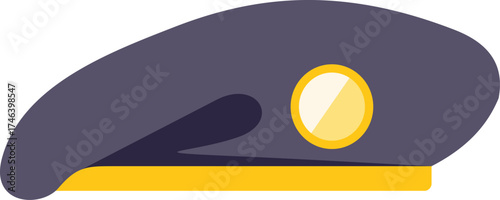 Military beret hat with yellow band and insignia side view flat vector illustration, great for themes like military or uniform