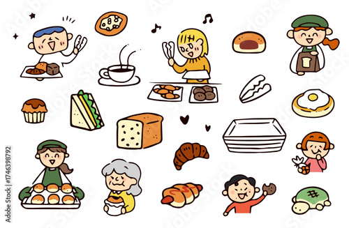 パン屋と人物のイラストセット