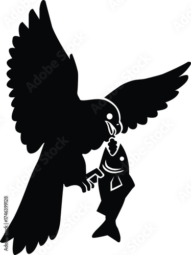 A powerful bird of prey in flight with outstretched wings carrying a freshly caught fish in its talons silhouette