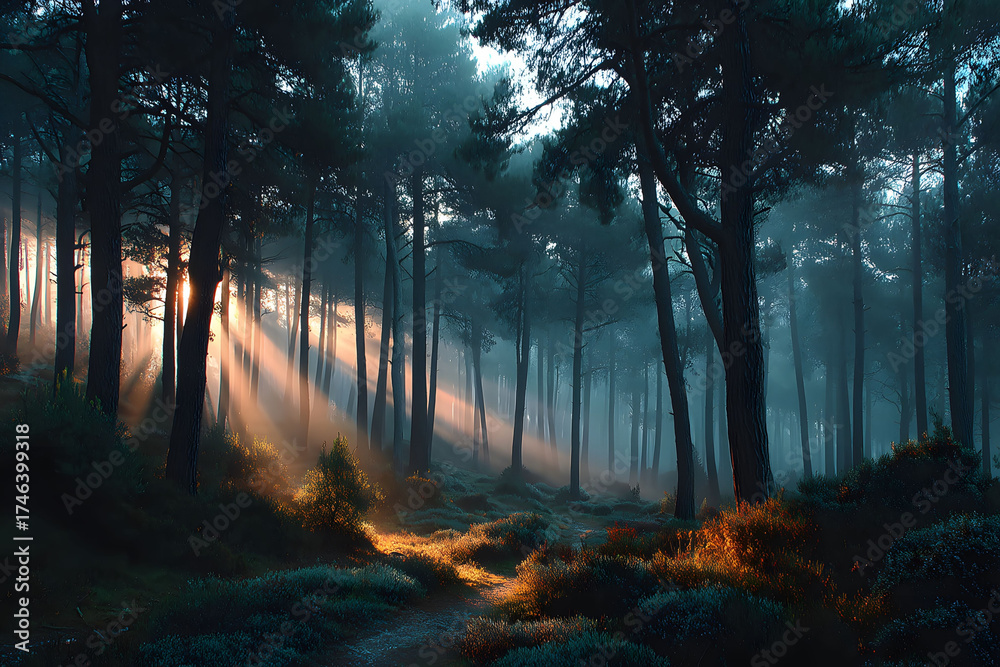 Fototapeta premium Enchanting Forest Sunrise with Sunbeams Illuminating the Tranquil Woodland Path