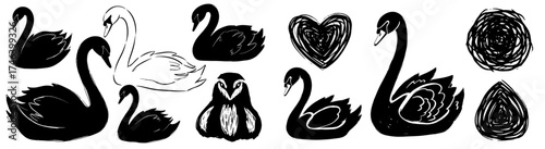 Elegant Swan Silhouettes and Abstract Forms Design: Black and White Wildlife Art, Symbolizing Grace, Beauty, and Love in Modern Graphic Resources, Perfect for Creative Projects, Prints, Fashion, Brand
