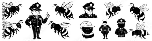 Illustrated Bee Police Force Patrolling Honeycomb City, Guardians of Sweetness, Black and White Line Art, Vintage Comic Style, Insect Enforcers Protecting Hive, Honey Security Concept, Pollinator Guar