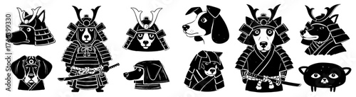 Samurai Dogs Set Illustration - Martial Art Canines in Bushido Armor, Japanese Warriors with Katanas Isolated on White Background - Cartoon Pets for Graphic Design, Mascot, Logo, and Traditional Style