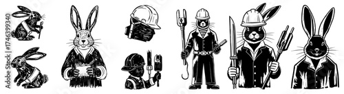 Illustrative Rabbits in Labor Trades: Construction, Electrical, Surveying Characters Portraying Professions with Tools, Helmets in Black and White Style for Marketing, Design, Mascot, Graphic Arts, Ve