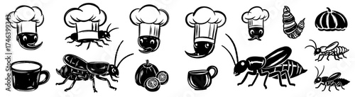 Whimsical Culinary Insect Cartoon Vector Illustration Collection:  Chef Bugs & Food Elements for Restaurant Branding, Creative Design, or Educational Resources featuring Cute Chefs, Coffee, and Veggie
