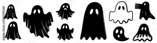 Spooky Ghost Silhouettes Collection for Halloween Celebrations, Creepy Specters and Phantoms in Various Shapes for Festive Designs, Decoration, Illustration, Graphic Elements, Halloween Concept, Party