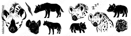 Hyena Illustration Set: Graphic Resource Featuring Various Hyena Poses and Expressions in Black and White Ink Style, Perfect for Wildlife Education, Conservation, Zoology, Animal Designs, Mascot Logos
