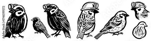 Illustrative Birds Wearing Mining Helmets: A Fanciful Exploration of Avian Characters in Industry, Suitable for Editorial Design, Corporate Branding, Children's Books, Unique Mascot Designs, or Creati