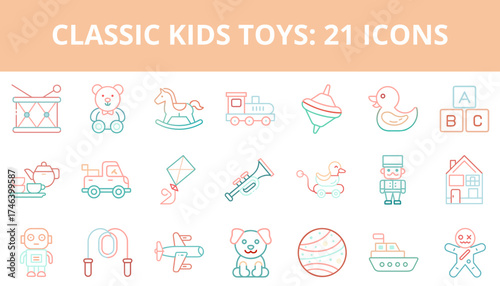 Classic kids toys icons in pastel colors for playful designs  