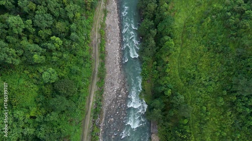 Scenic Aerial Landscape of Flowing River and Forested Terrain in Nepal Himalayas