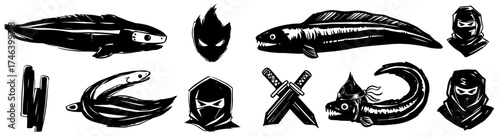 Eel Ninja Clan Silhouettes in Action: A Symbol of Aquatic Mystery and Stealth for Martial Arts, Seafood Industry, and Gaming Visuals with Stealthy Warrior Spirit, Isolated on White Canvas Design Eleme
