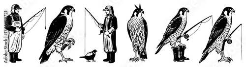 Engaging Birdwatching: Vintage Falconers with Fishing Rods Illustration, Classic Sporting Motif for Outdoor Enthusiasts, Retro Wildlife Imagery, Angling Adventures, Bird of Prey Graphics, Line Art Des