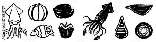 Assorted Sea Life and Harvest Bounty Ink Sketch Collection: Isolated Vector Set Featuring Squid, Pumpkin, and Fish for Illustration, Decorative Arts, Culinary Arts, Seafood Menu Design, Asian Painting